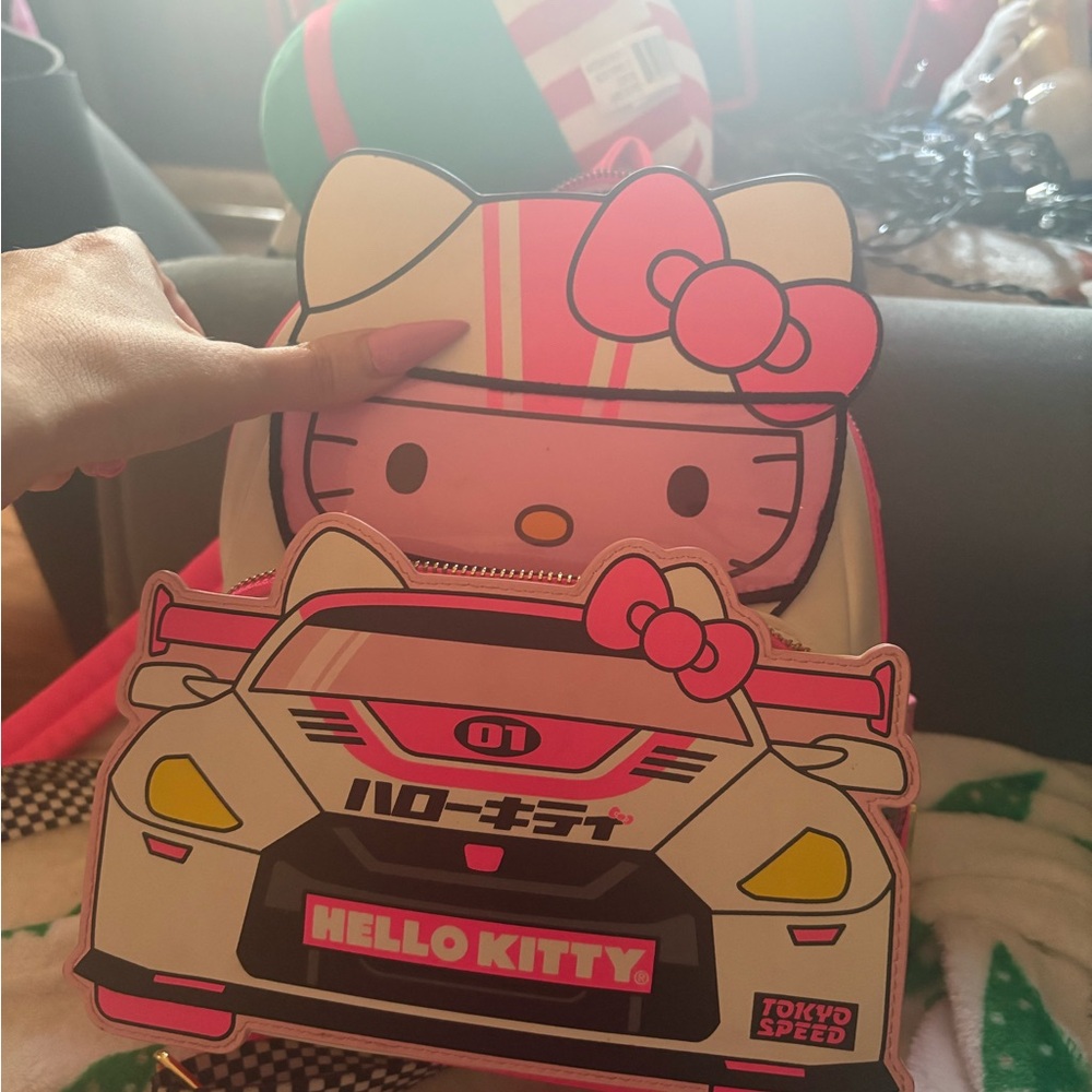 Loungefly Pink and White Backpack HELLO KITTY RACECAR